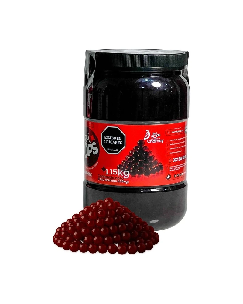 Tarro LiquiPops Chamoy 1150g — perlas explosivas en almíbar, fondo blanco